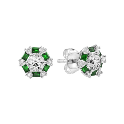Round Cut Diamond & Green Emerald Halo Stud 14K White Gold Earrings