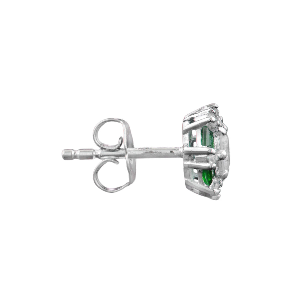 Round Cut Diamond & Green Emerald Halo Stud 14K White Gold Earrings