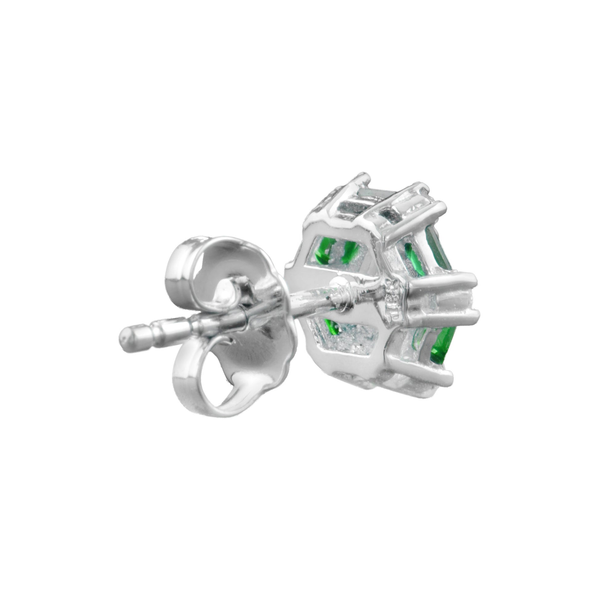 Round Cut Diamond & Green Emerald Halo Stud 14K White Gold Earrings