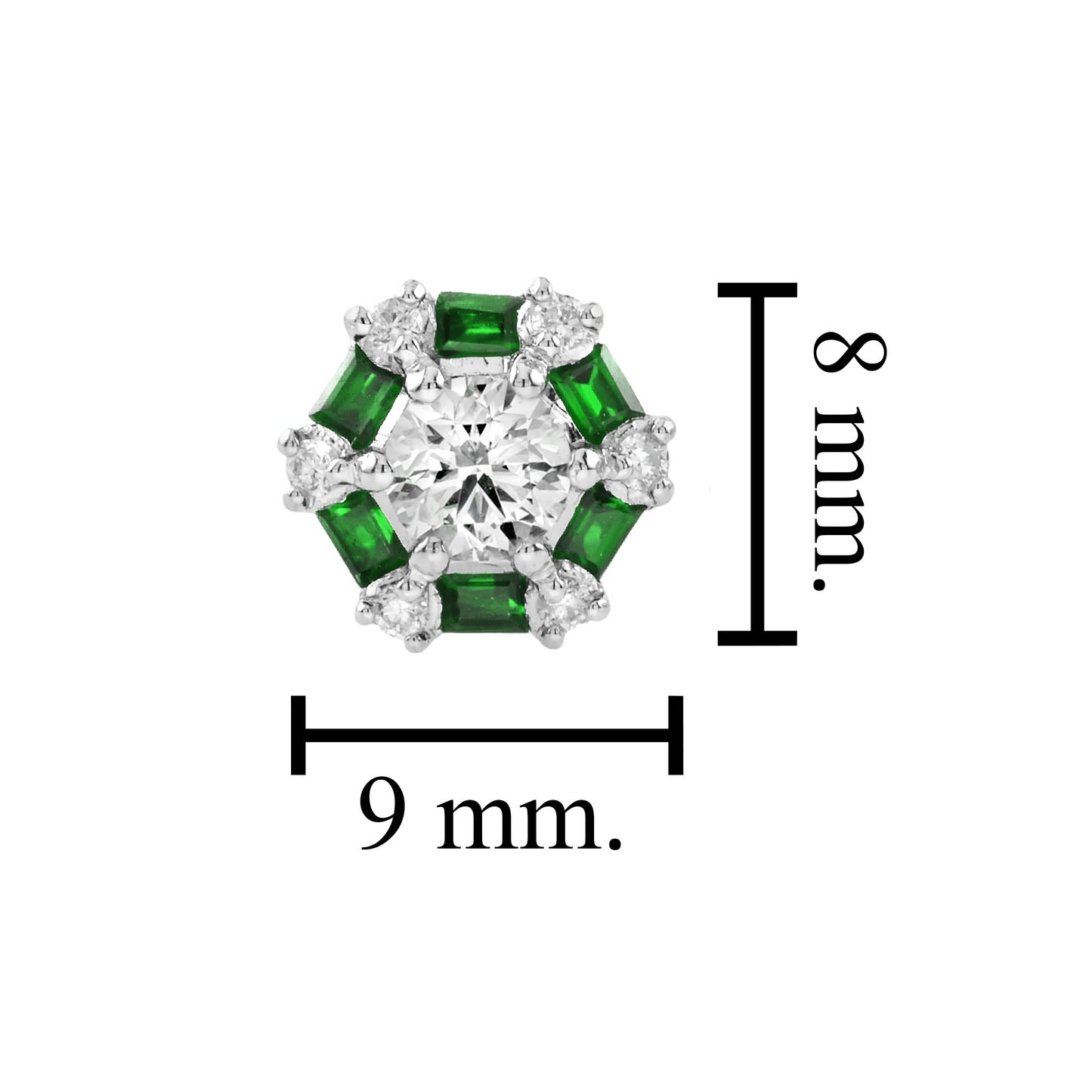 round cut diamond & green emerald halo stud 14k white gold earrings