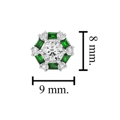 Round Cut Diamond & Green Emerald Halo Stud 14K White Gold Earrings