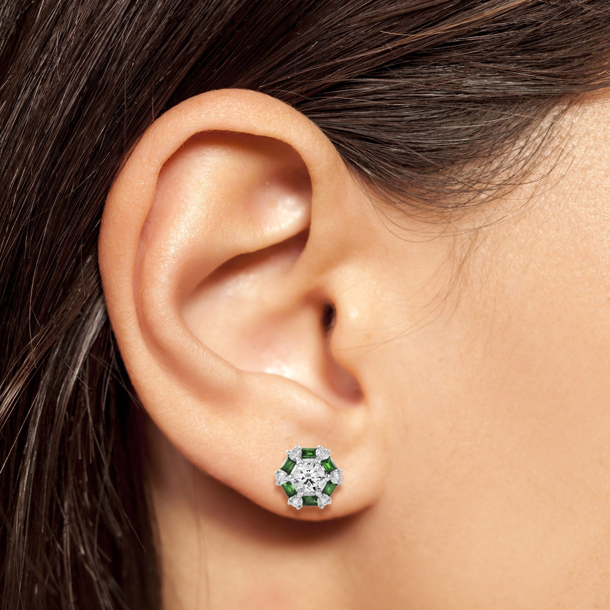 Round Cut Diamond & Green Emerald Halo Stud 14K White Gold Earrings