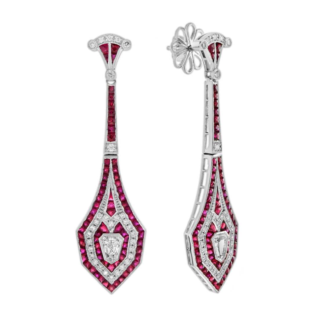 Bullet Shape Diamond & Red Pink Ruby Art Deco Style Drop 18K White Gold Earrings