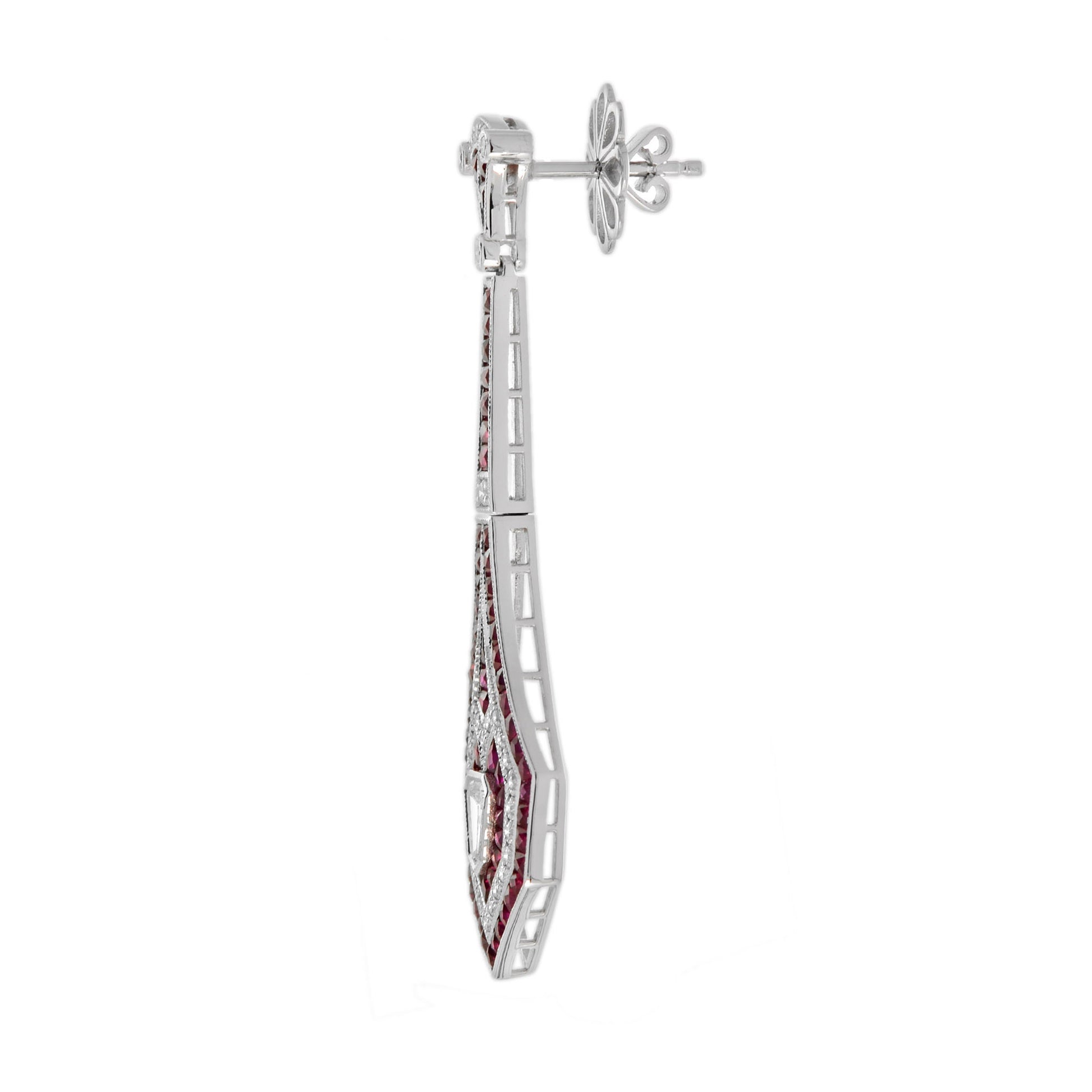 Bullet Shape Diamond & Red Pink Ruby Art Deco Style Drop 18K White Gold Earrings