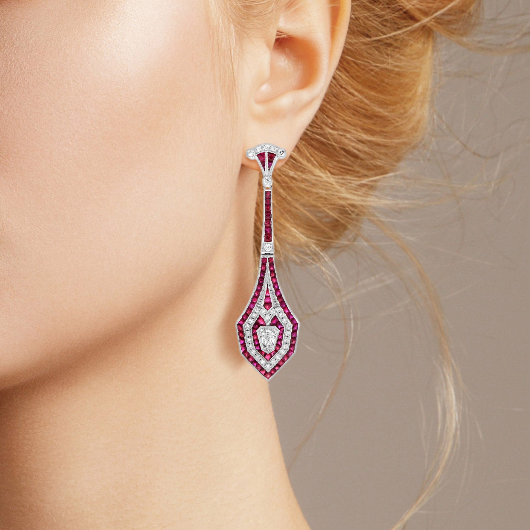 Bullet Shape Diamond & Red Pink Ruby Art Deco Style Drop 18K White Gold Earrings