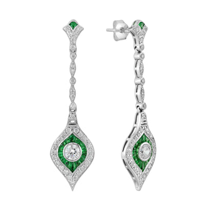 Diamond &amp; Emerald Art Deco Style Dangle 14K White Gold Earrings