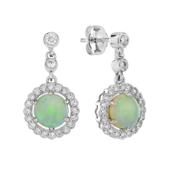1.96 Ctw Vintage Style Opal & Diamond 14K White Gold Halo Drop Earrings