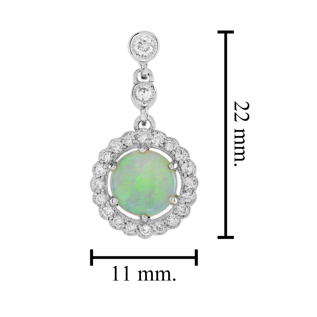 Opal & Diamond Vintage Style Halo Drop White Gold Earrings
