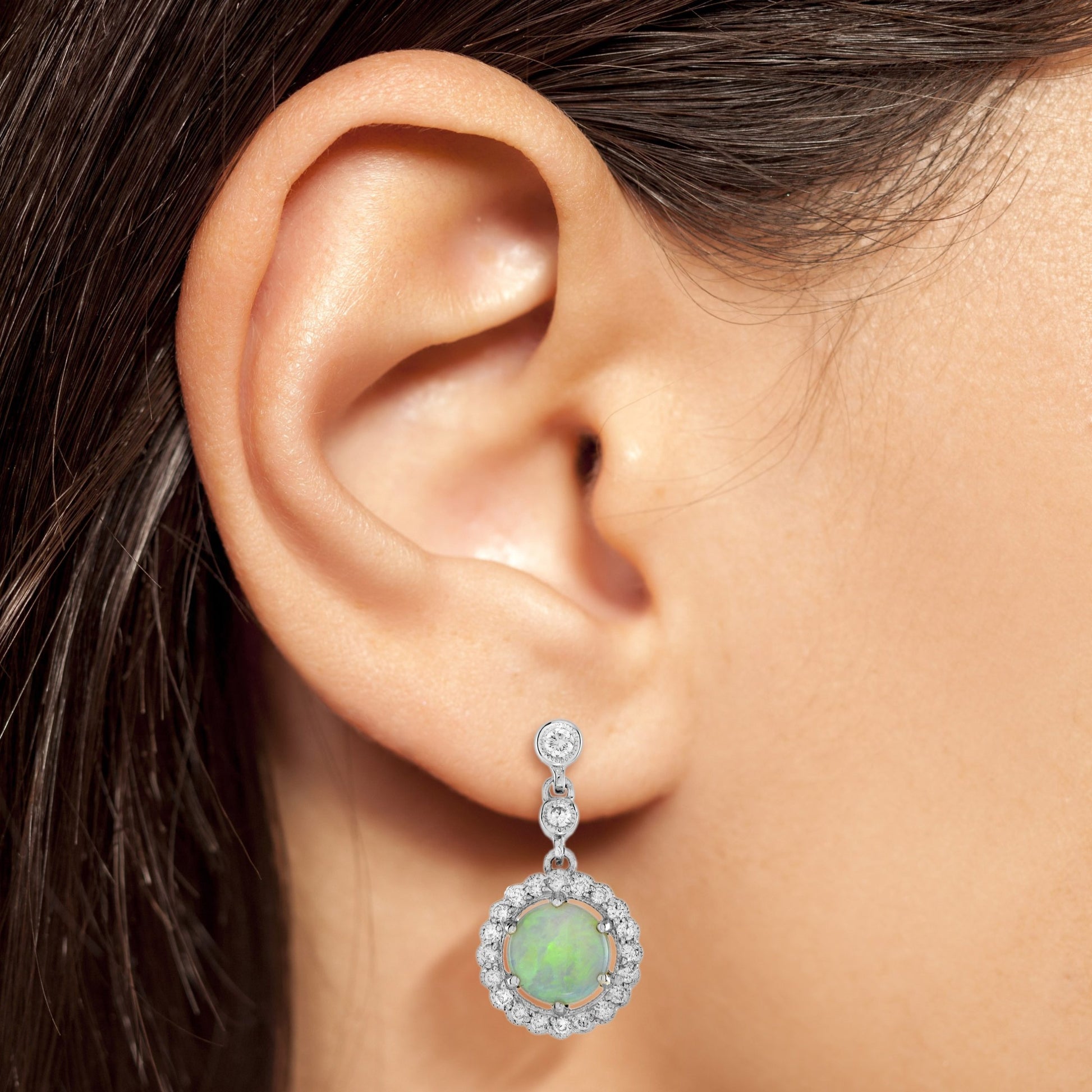 Opal & Diamond Vintage Style Halo Drop White Gold Earrings