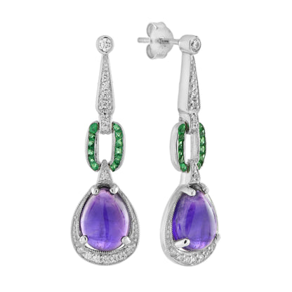 Cabochon Purple Amethyst & Diamond Emerald Dangle 14K White Gold Earrings