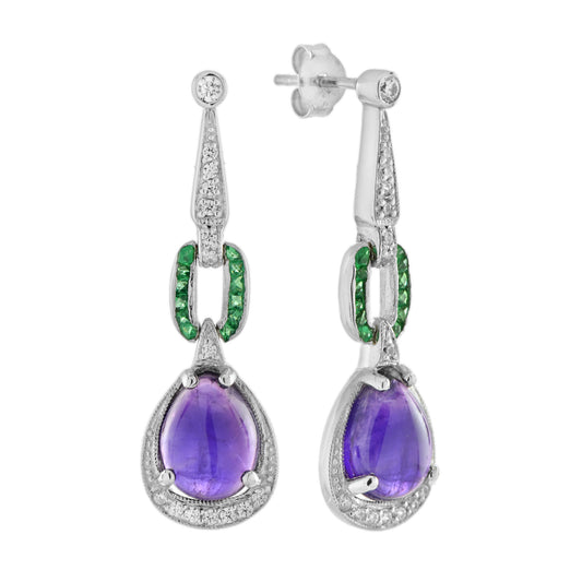 Cabochon Purple Amethyst & Diamond Emerald Dangle 14K White Gold Earrings