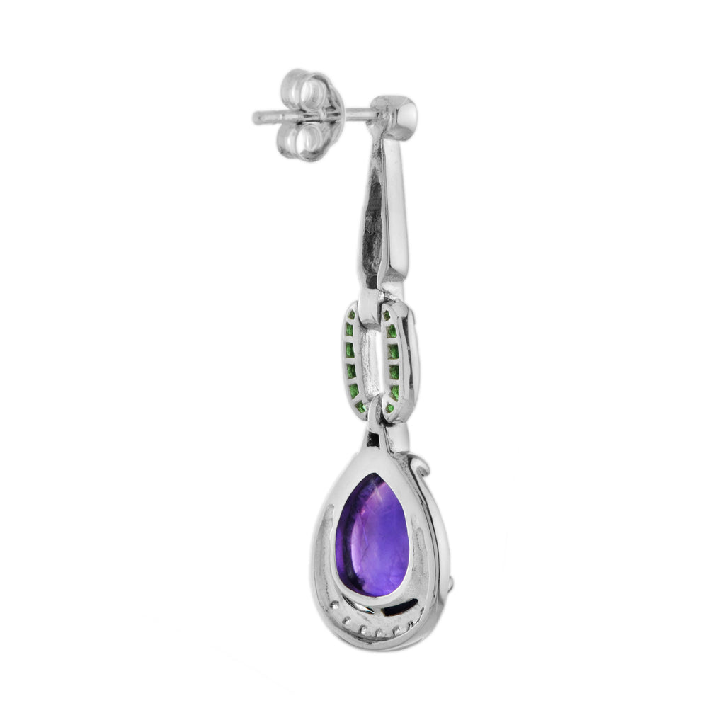 Cabochon Purple Amethyst & Diamond Emerald Dangle 14K White Gold Earrings