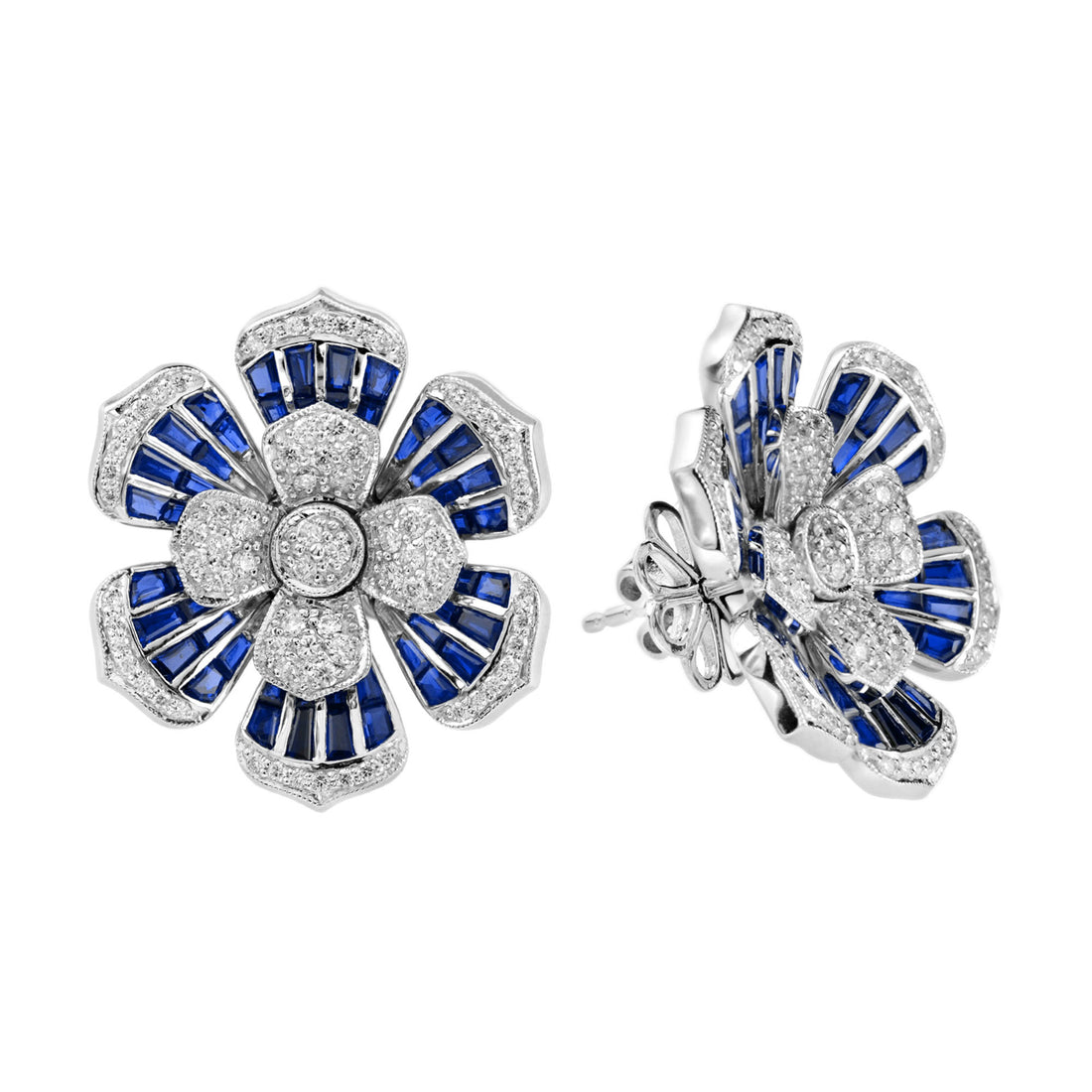 Elegant Diamond & Blue Sapphire Floral Flower Stud 14K White Gold Earrings