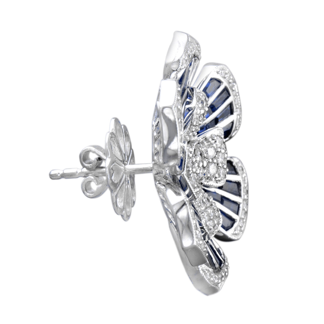 Elegant Diamond &amp; Blue Sapphire Floral Flower Stud 14K White Gold Earrings