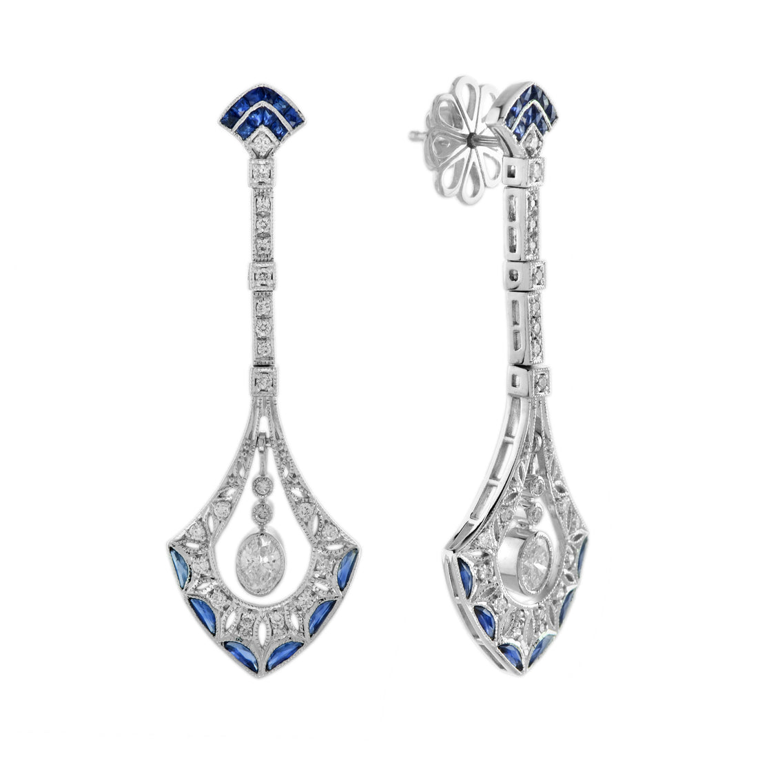 Diamond & French Cut Blue Sapphire Art Deco Style 14K White Gold Dangle Earrings
