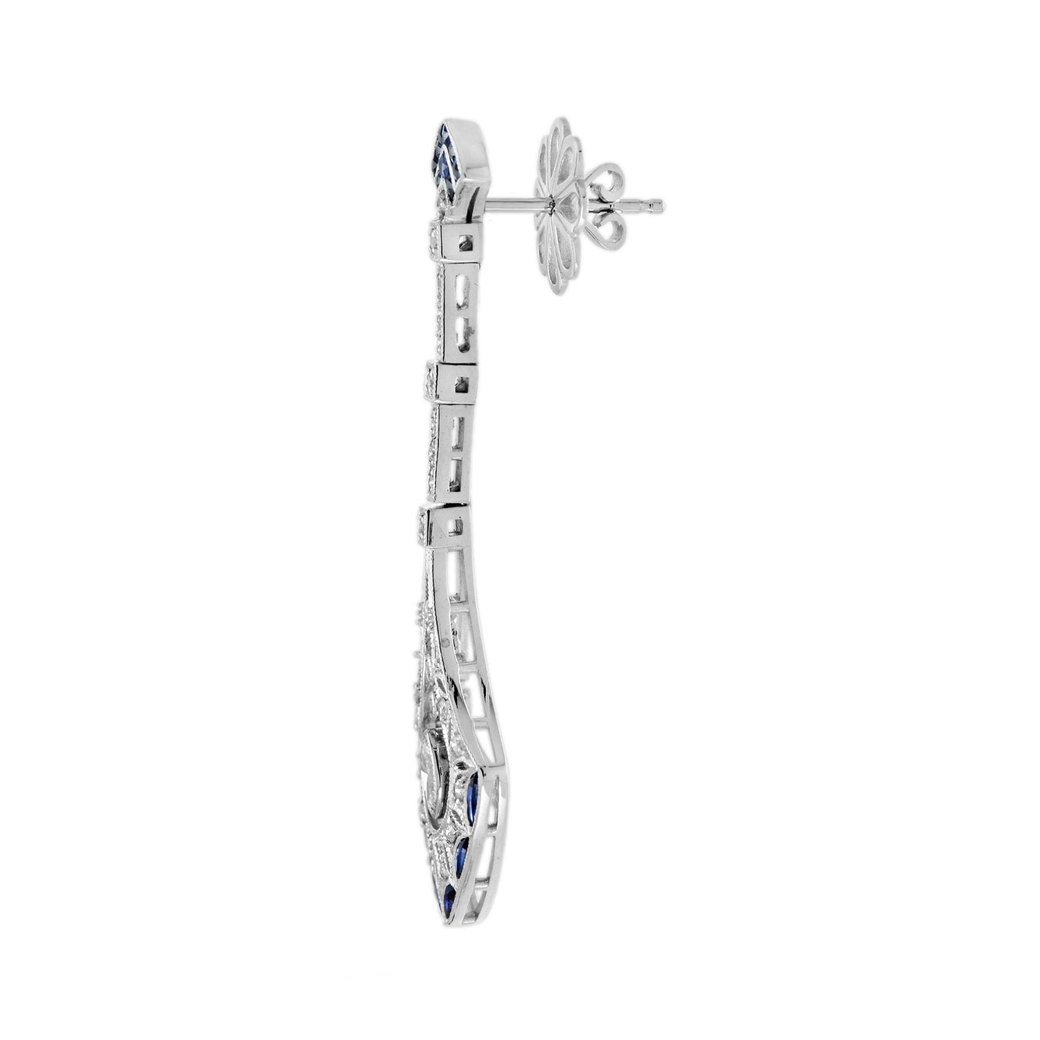 Diamond &amp; French Cut Blue Sapphire Art Deco Style 14K White Gold Dangle Earrings