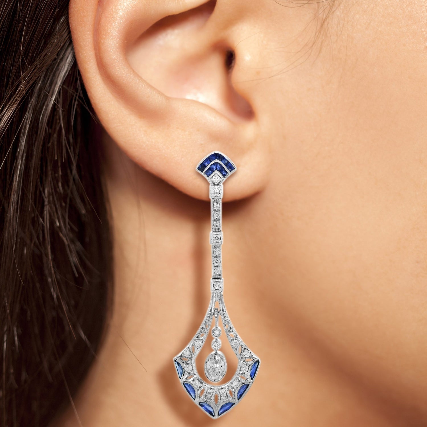 Diamond &amp; French Cut Blue Sapphire Art Deco Style 14K White Gold Dangle Earrings