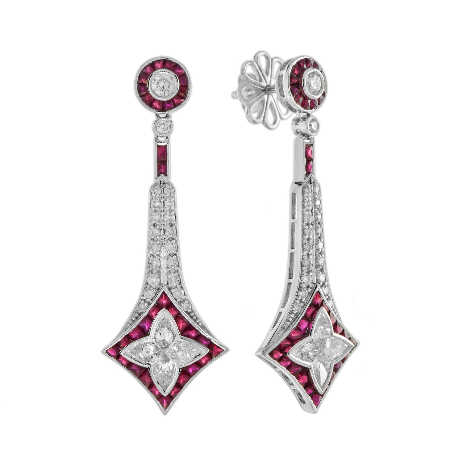 Illusion Lily Cut Diamond &amp; Red Ruby Vintage Style Drop 18K White Gold Earrings