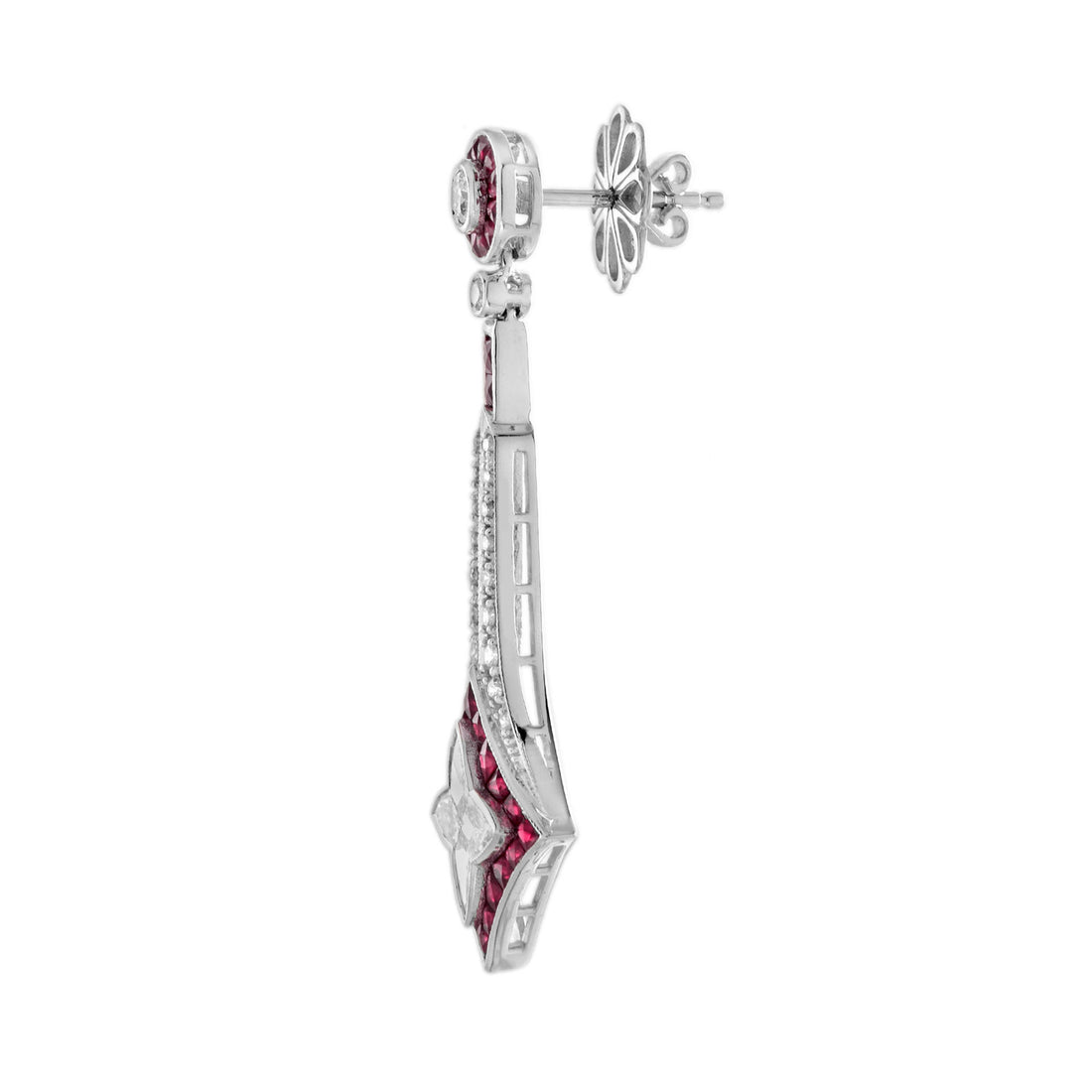 Illusion Lily Cut Diamond &amp; Red Ruby Vintage Style Drop 18K White Gold Earrings