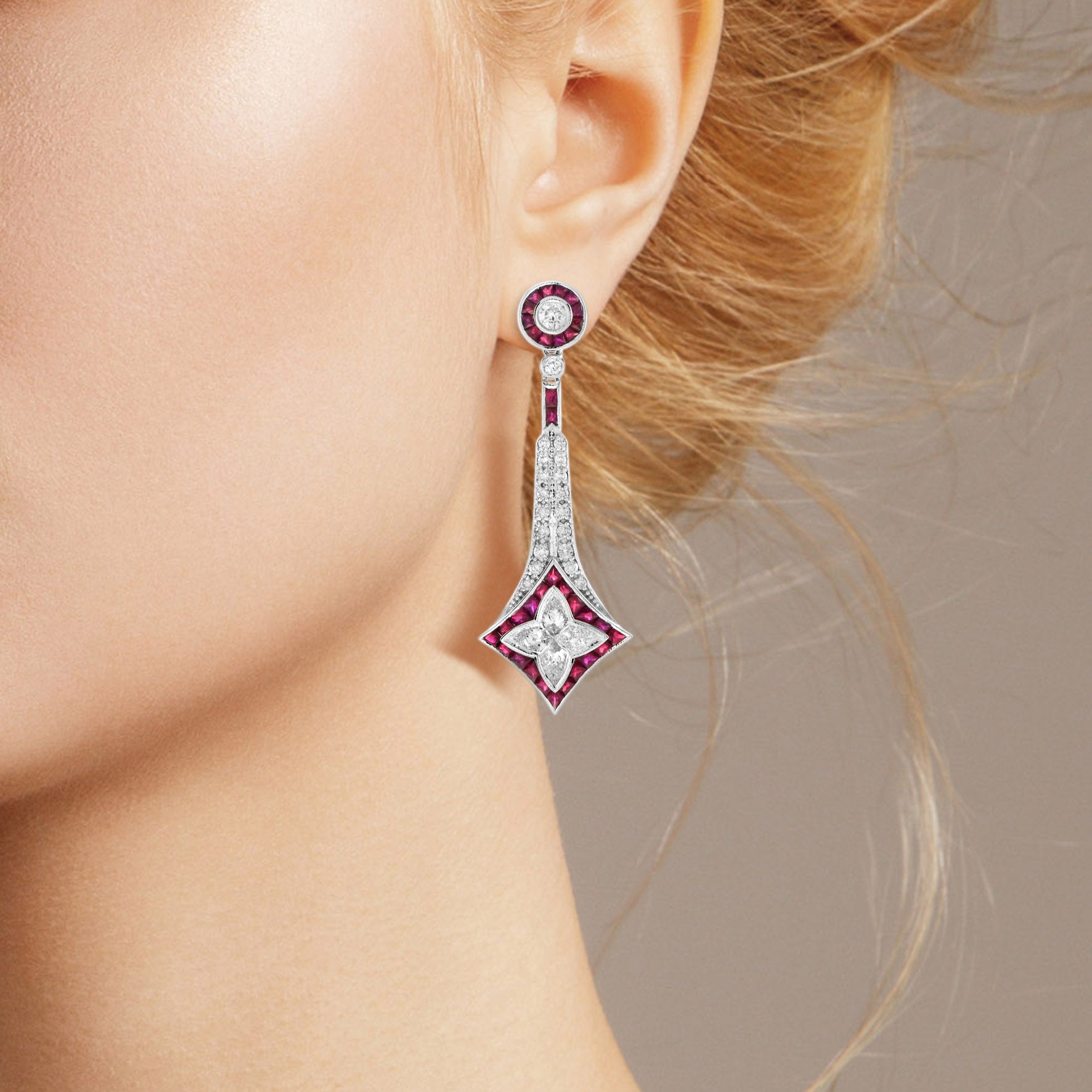 Illusion Lily Cut Diamond & Red Ruby Vintage Style Drop 18K White Gold Earrings