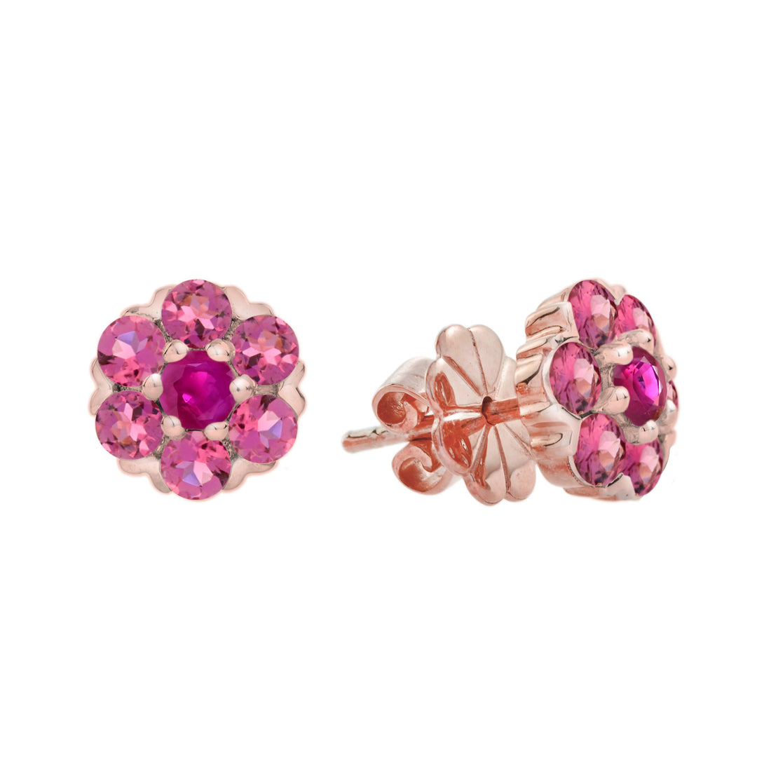 Ruby & Pink Tourmaline Floral Flower Cluster 14K Rose Gold Stud Earrings
