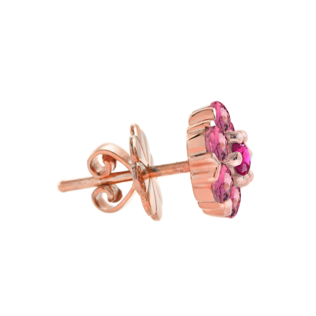 Ruby & Pink Tourmaline Floral Flower Cluster 14K Rose Gold Stud Earrings