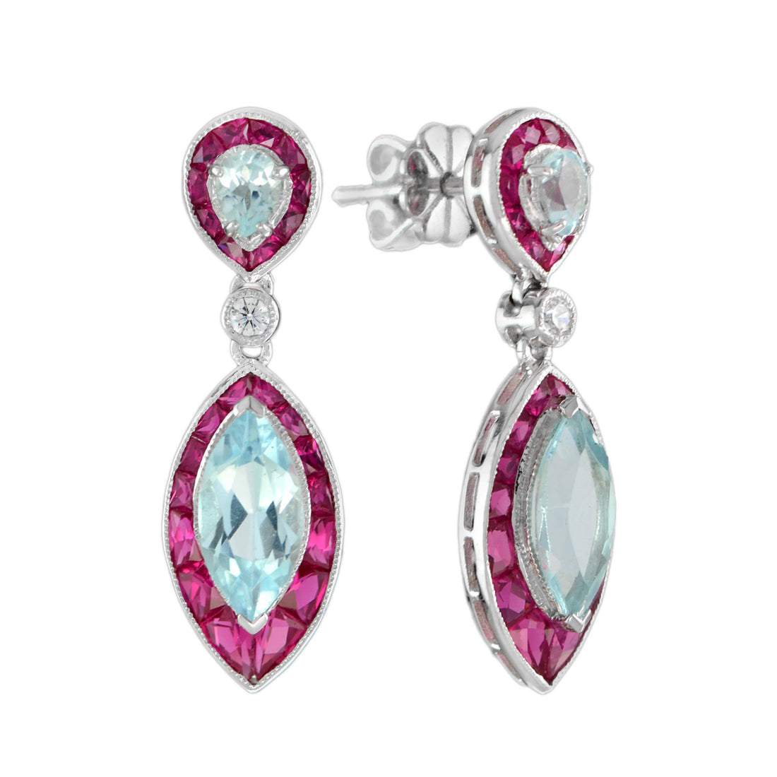 Blue Topaz Ruby & Diamond Marquise Shape Drop 14K White Gold Unique Earrings