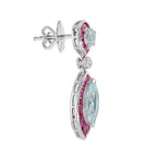 Blue Topaz Ruby & Diamond Marquise Shape Drop 14K White Gold Unique Earrings