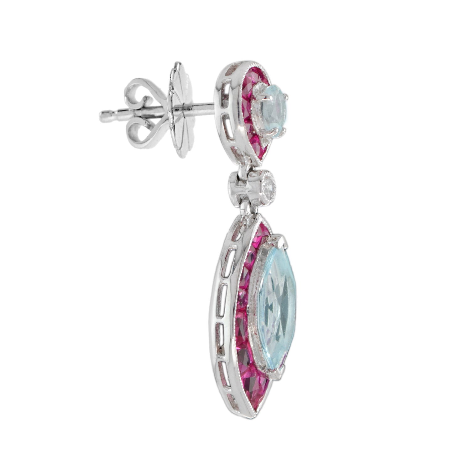 Blue Topaz Ruby &amp; Diamond Marquise Shape Drop 14K White Gold Unique Earrings