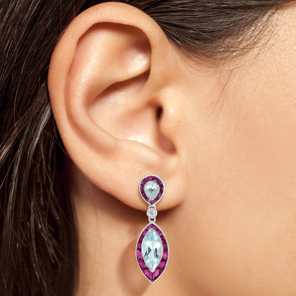Blue Topaz Ruby & Diamond Marquise Shape Drop 14K White Gold Unique Earrings