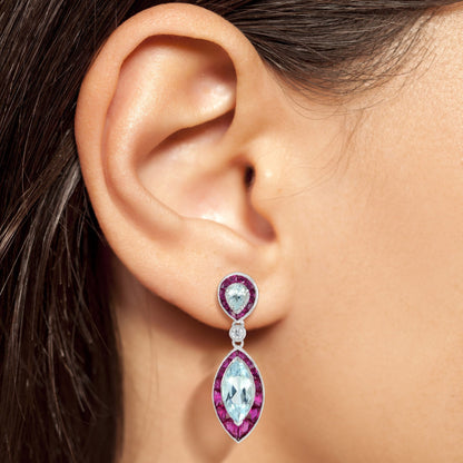 Blue Topaz Ruby &amp; Diamond Marquise Shape Drop 14K White Gold Unique Earrings