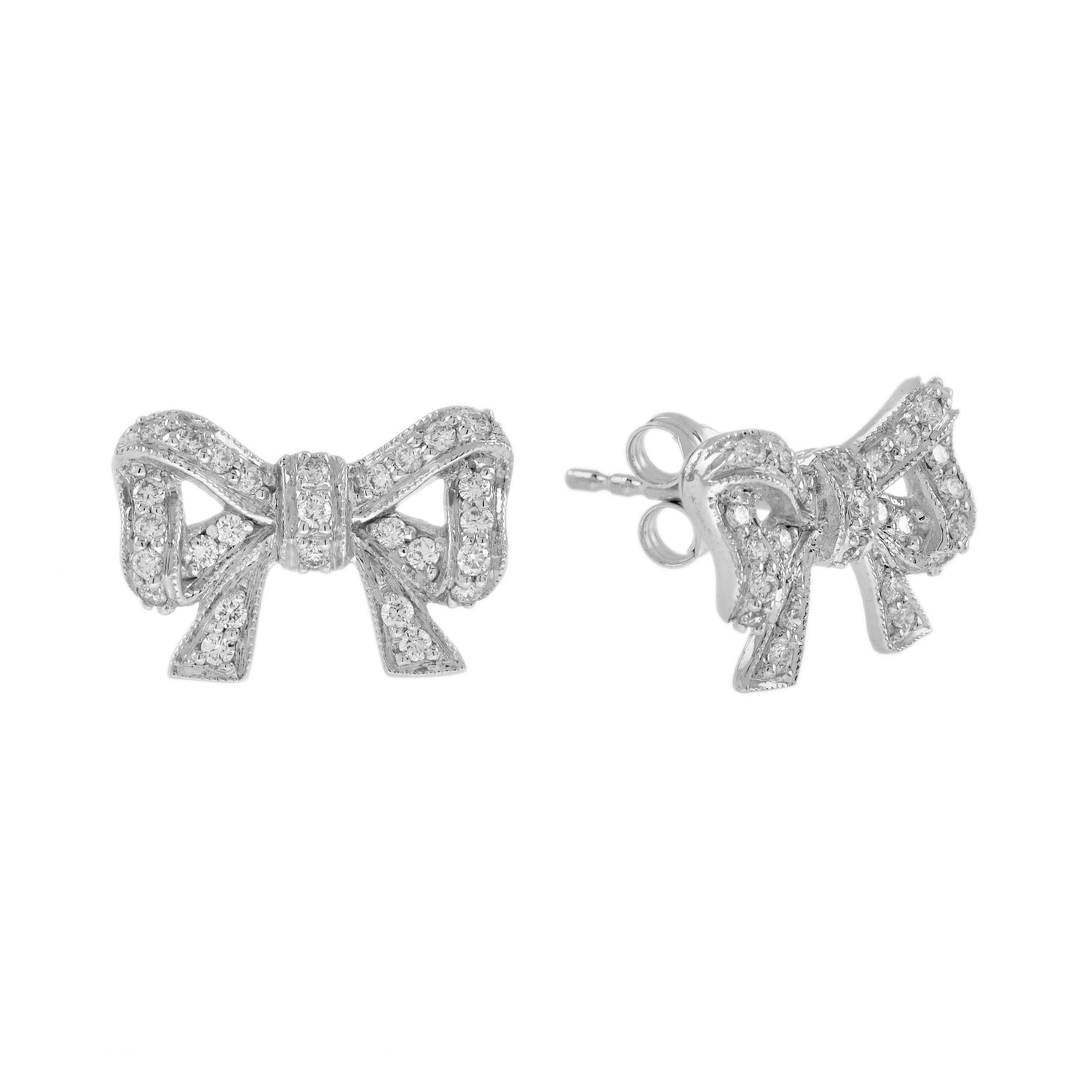 Diamond Vintage Style Bow 14K White Gold Stud Earrings