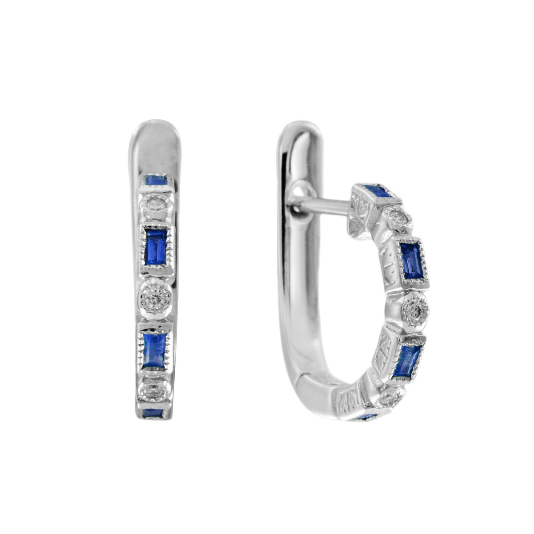 Alternate Baguette Blue Sapphire & Round Diamond Huggie White Gold Earrings