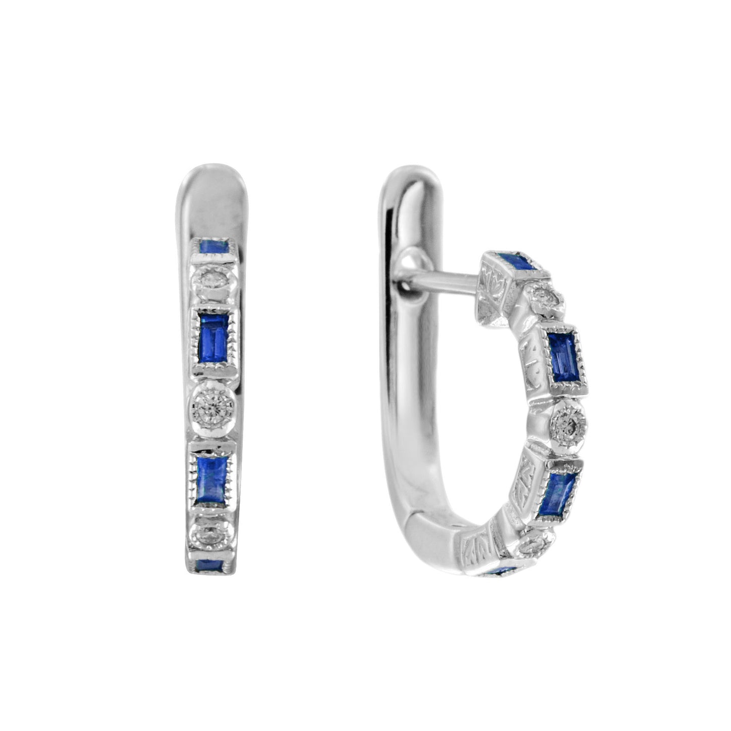 alternate baguette blue sapphire & round diamond huggie white gold earrings