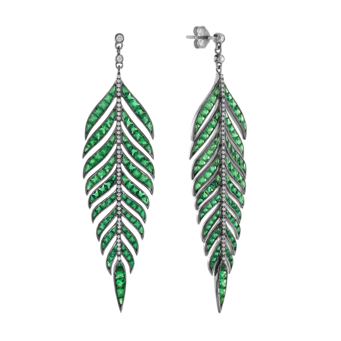 Green Emerald Diamond Leaf Feather Motif Vintage Style Drop White Gold Earrings