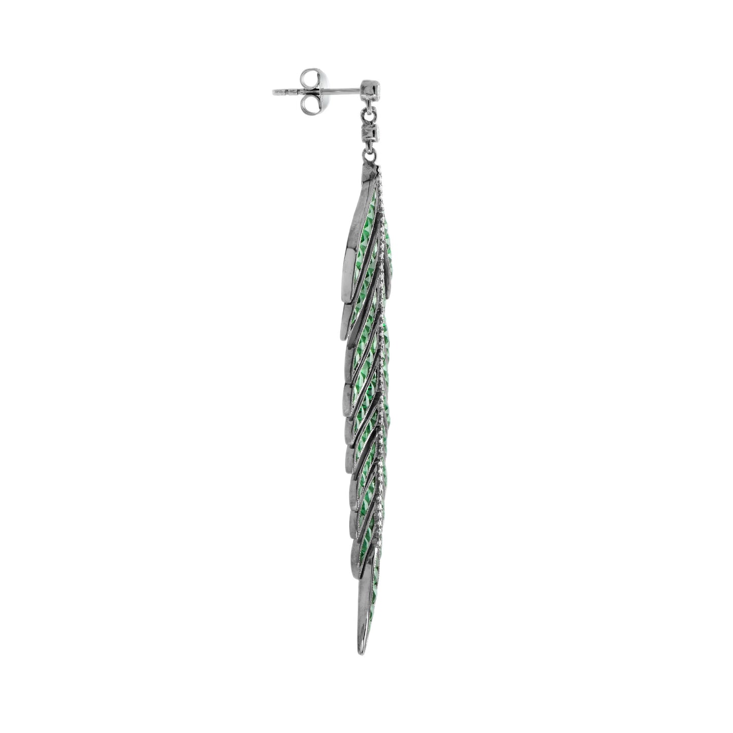 green emerald diamond leaf feather motif vintage style drop white gold earrings