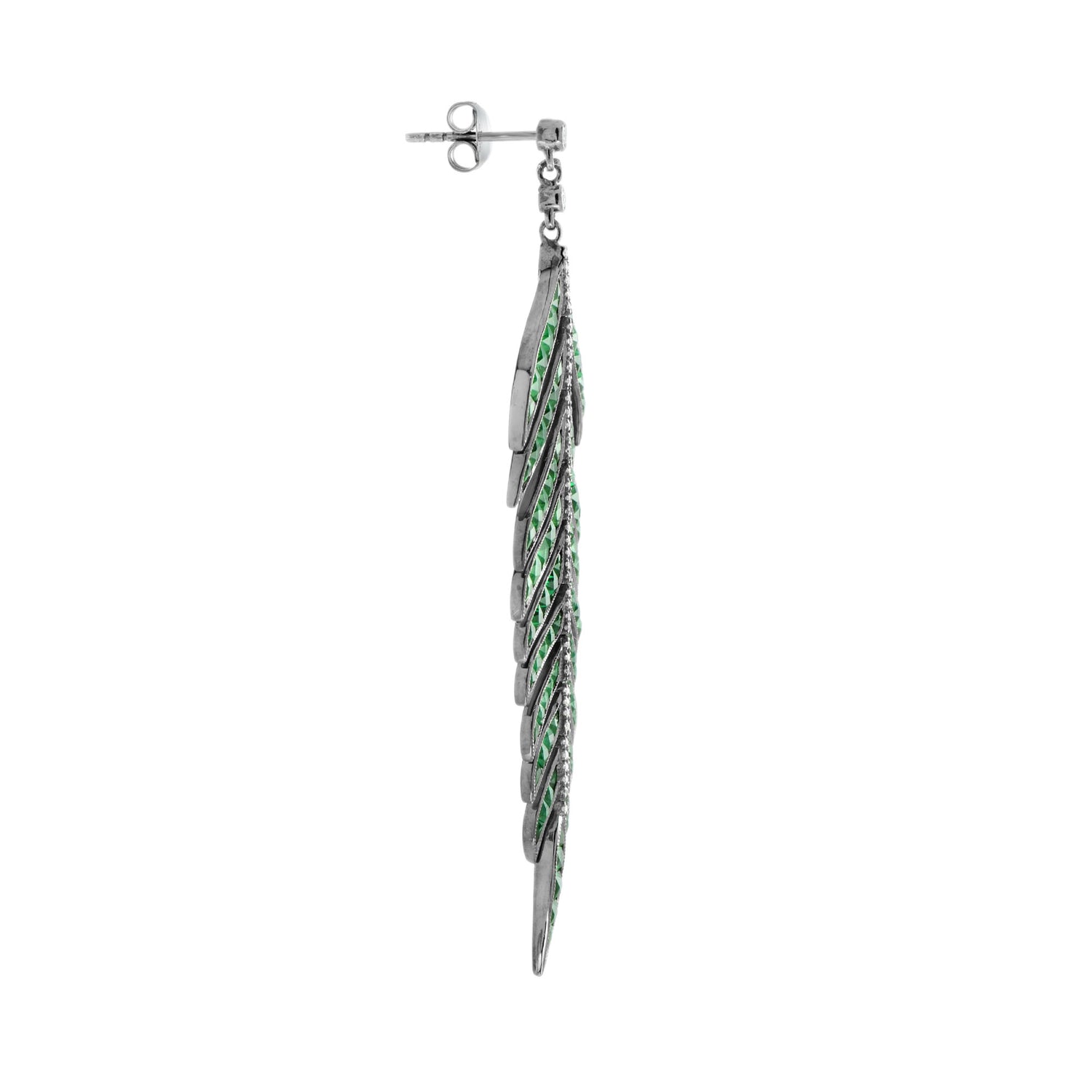 Green Emerald Diamond Leaf Feather Motif Vintage Style Drop White Gold Earrings