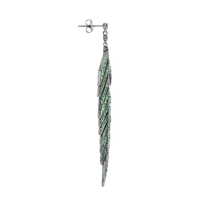 Green Emerald Diamond Leaf Feather Motif Vintage Style Drop White Gold Earrings
