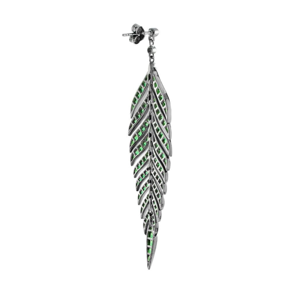 Green Emerald Diamond Leaf Feather Motif Vintage Style Drop White Gold Earrings