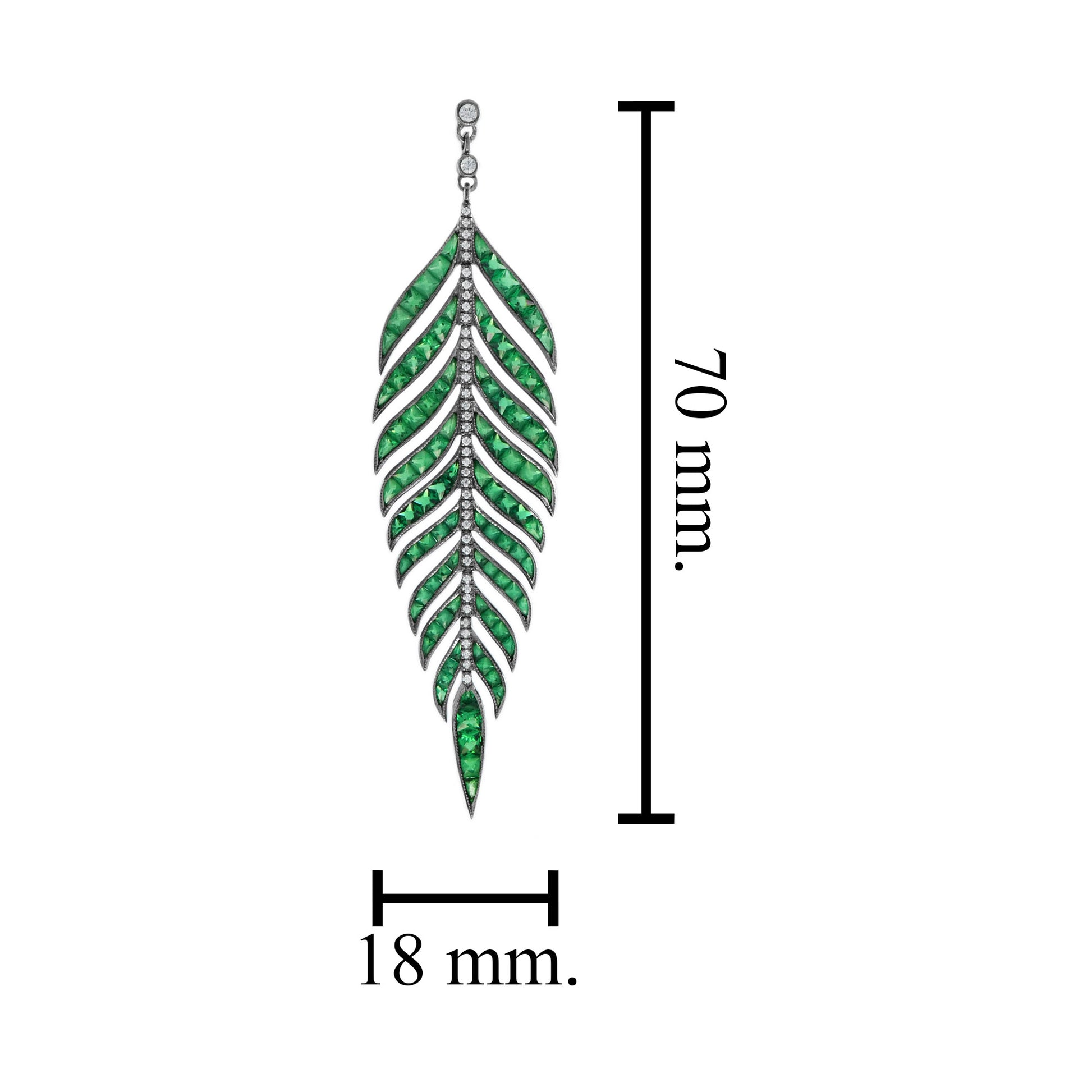 Green Emerald Diamond Leaf Feather Motif Vintage Style Drop White Gold Earrings