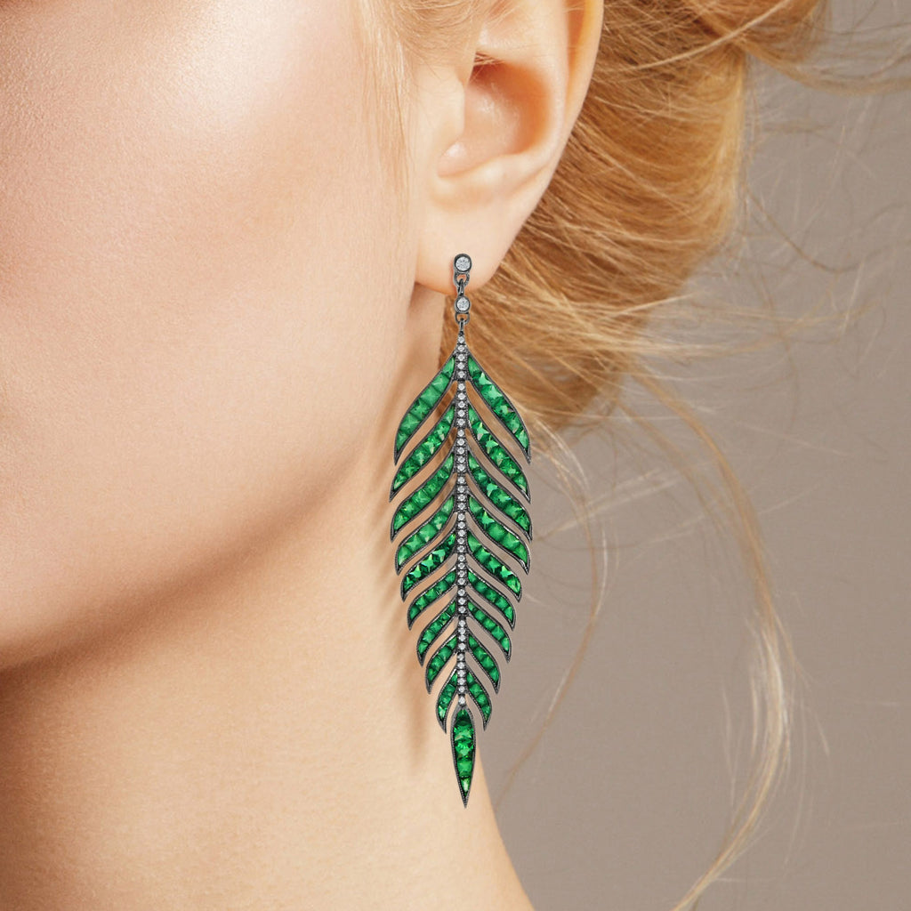 Green Emerald Diamond Leaf Feather Motif Vintage Style Drop White Gold Earrings