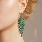 Green Emerald Diamond Leaf Feather Motif Vintage Style Drop White Gold Earrings