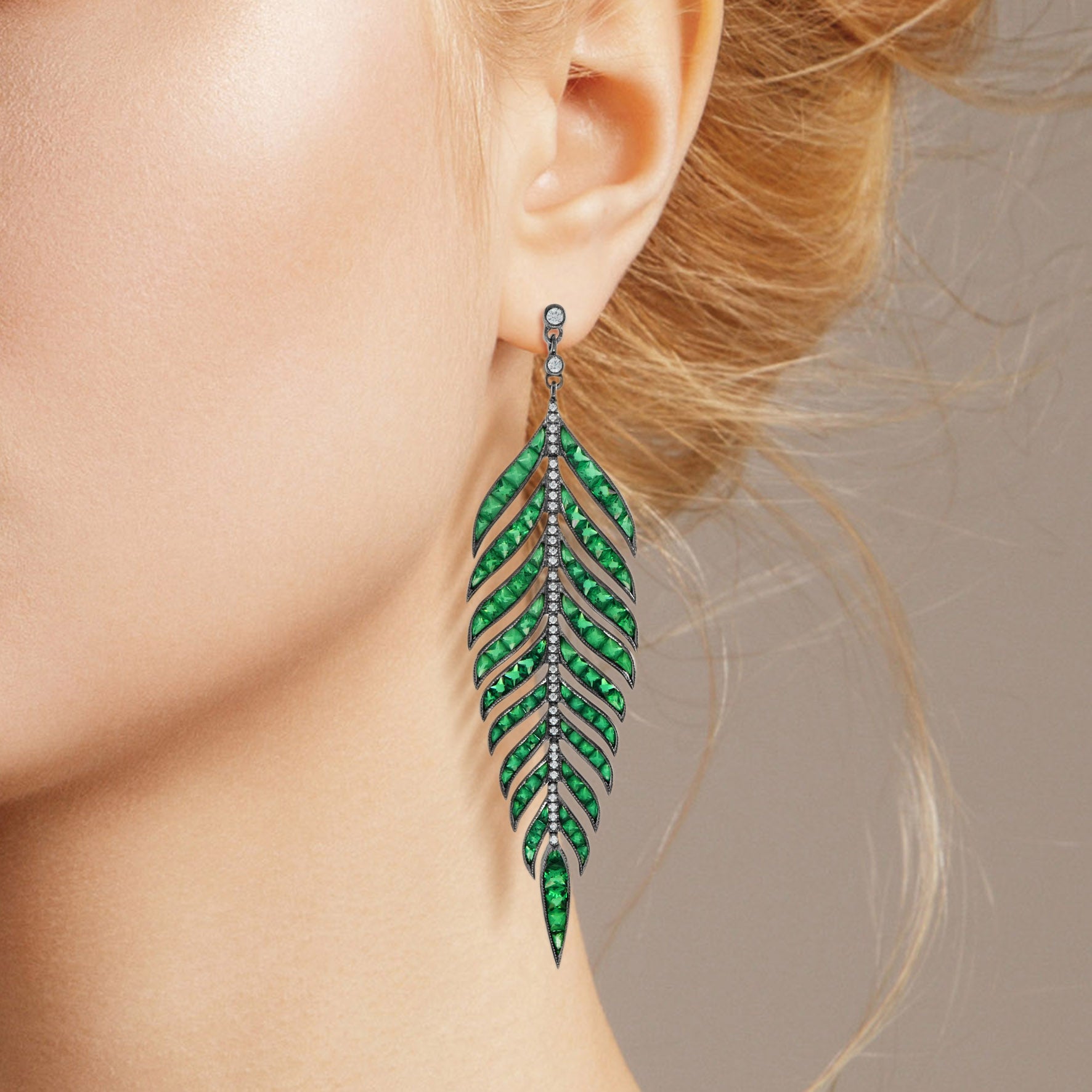 Green Emerald Diamond Leaf Feather Motif Vintage Style Drop White Gold Earrings