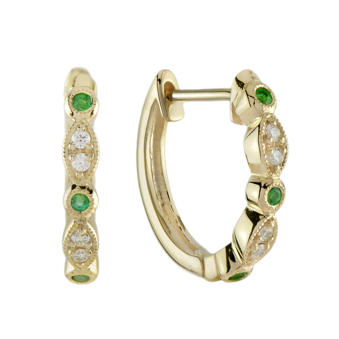 Green Emerald &amp; Diamond Art Deco Style Huggie Yellow Gold Earrings