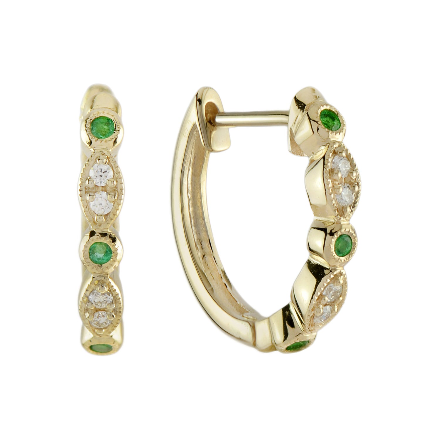 green emerald & diamond art deco style huggie yellow gold earrings