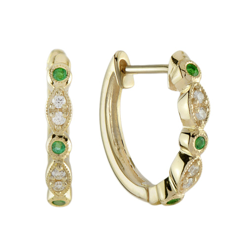 Green Emerald & Diamond Art Deco Style Huggie Yellow Gold Earrings
