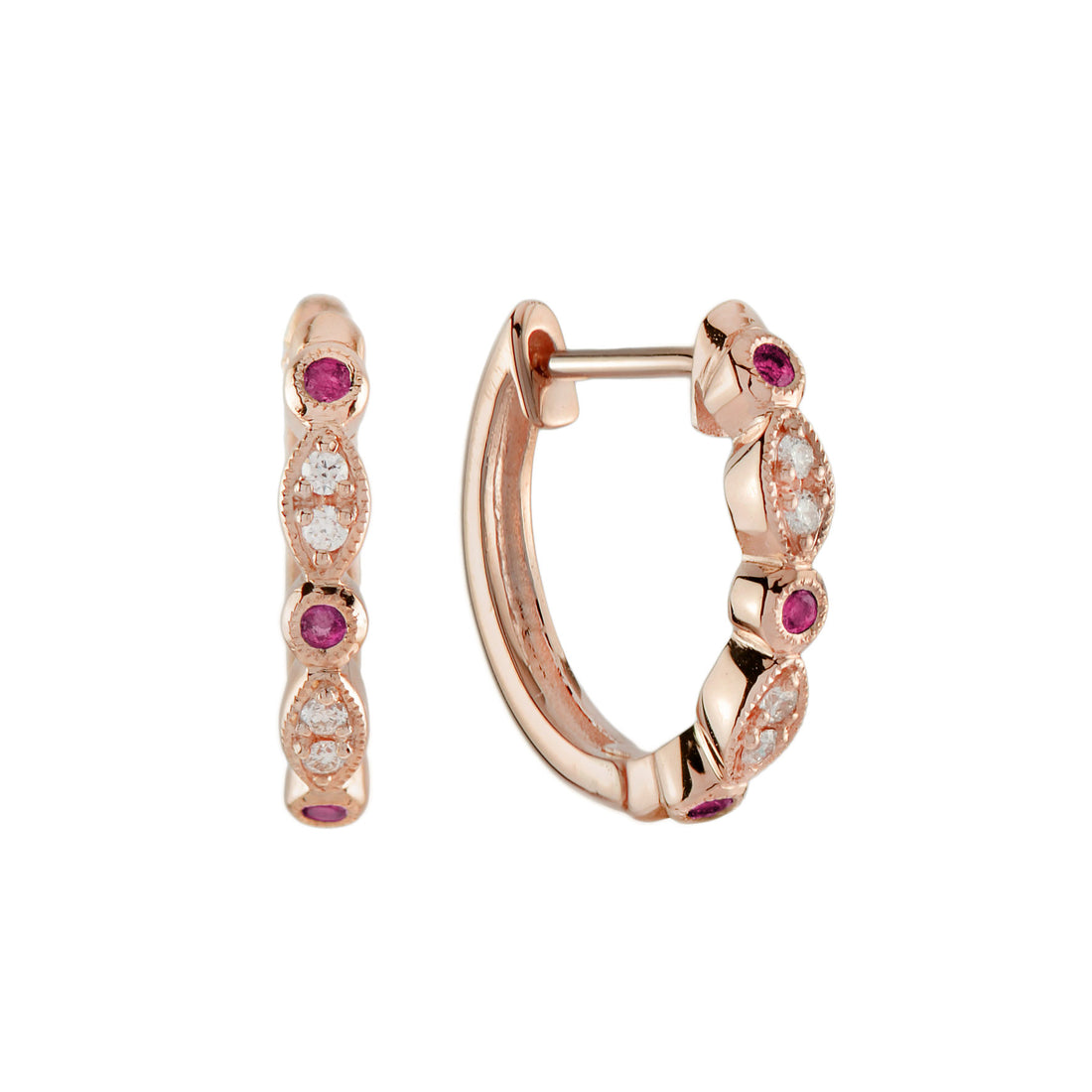 Red Pink Ruby & Diamond Vintage Style 18K Rose Gold Huggie Earrings