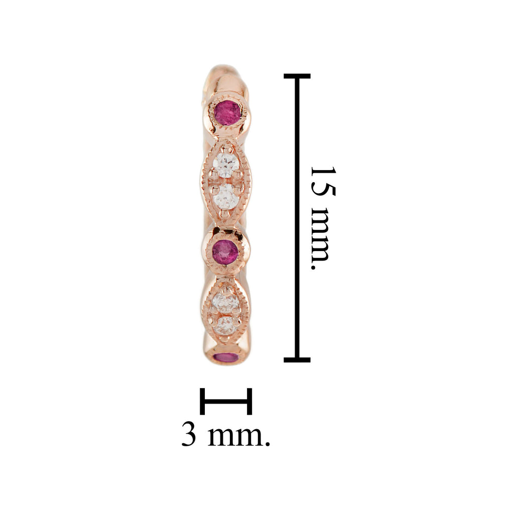 Ruby Diamond Vintage Style Band Ring Huggie Earrings Matching 14K Rose Gold Set