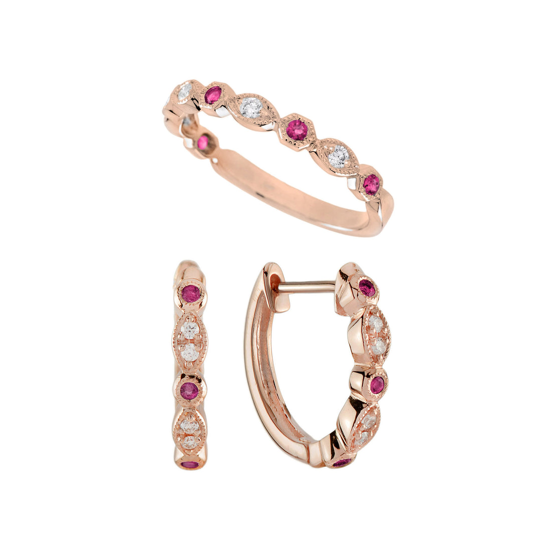 Ruby Diamond Vintage Style Band Ring Huggie Earrings Matching 14K Rose Gold Set
