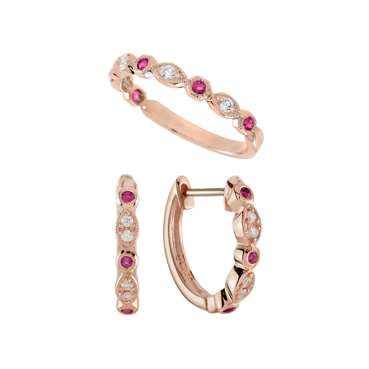 ruby diamond vintage style band ring huggie earrings matching 14k rose gold set